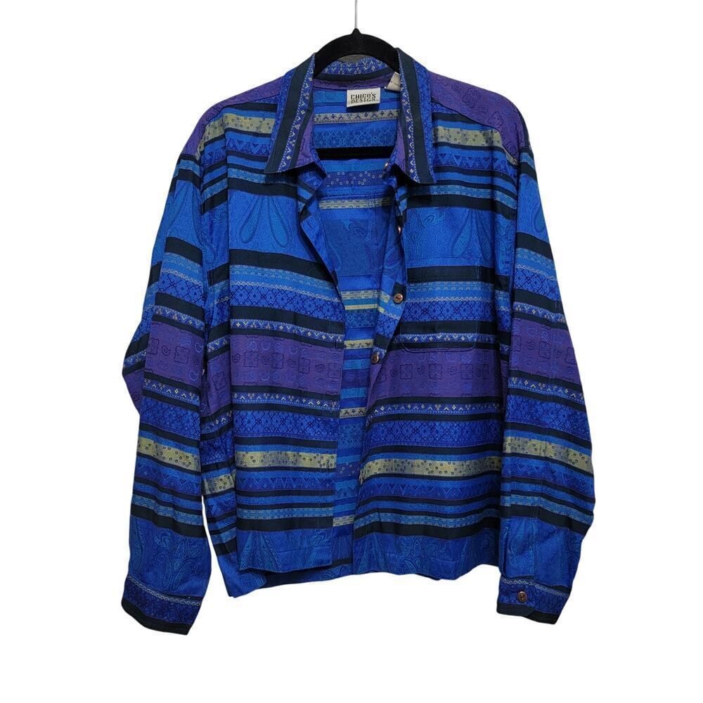 Chico's Art To Wear Striped Open Front Jacket Blue Green Size XL